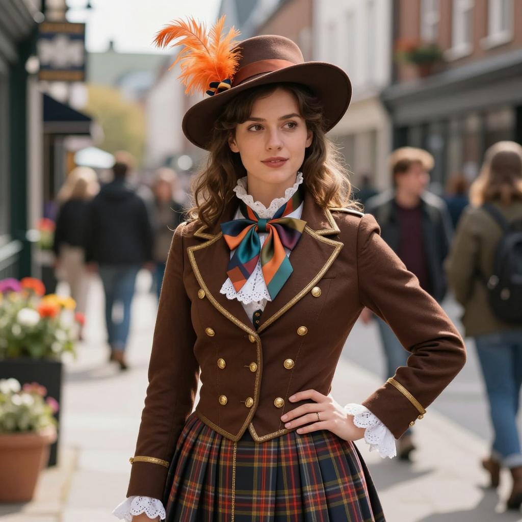 Vintage Style Woman in Brown Jacket and Plaid Skirt with Feathered Hat