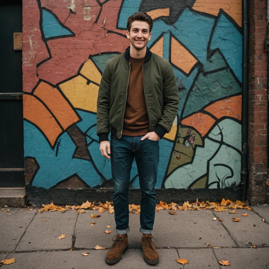 Man in Green Bomber Jacket Against Graffiti Wall