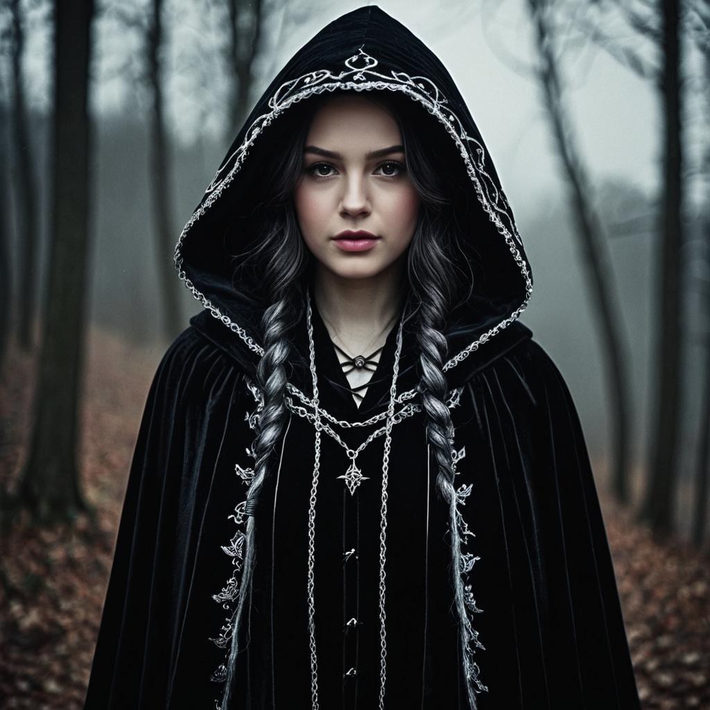Mystical Woman in Embroidered Black Velvet Cloak in Forest