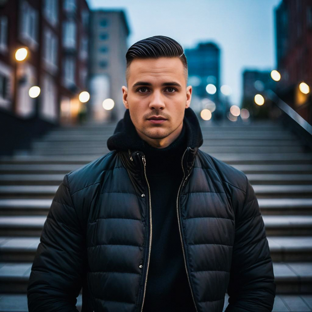 Young man in black puffer jacket with city lights Young man in black puffer jacket with city lights