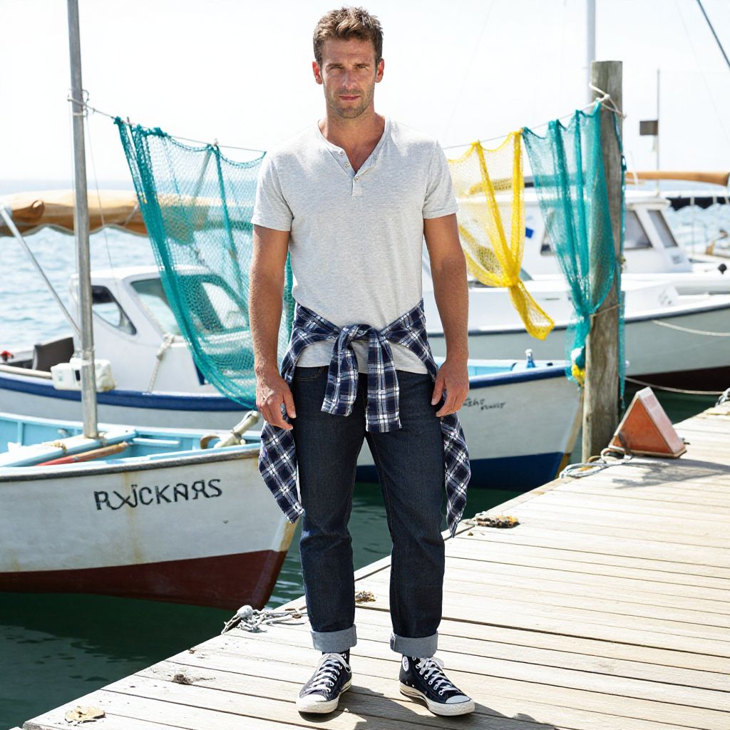 Casual Man Standing on Dock by Fishing Boats with Nets