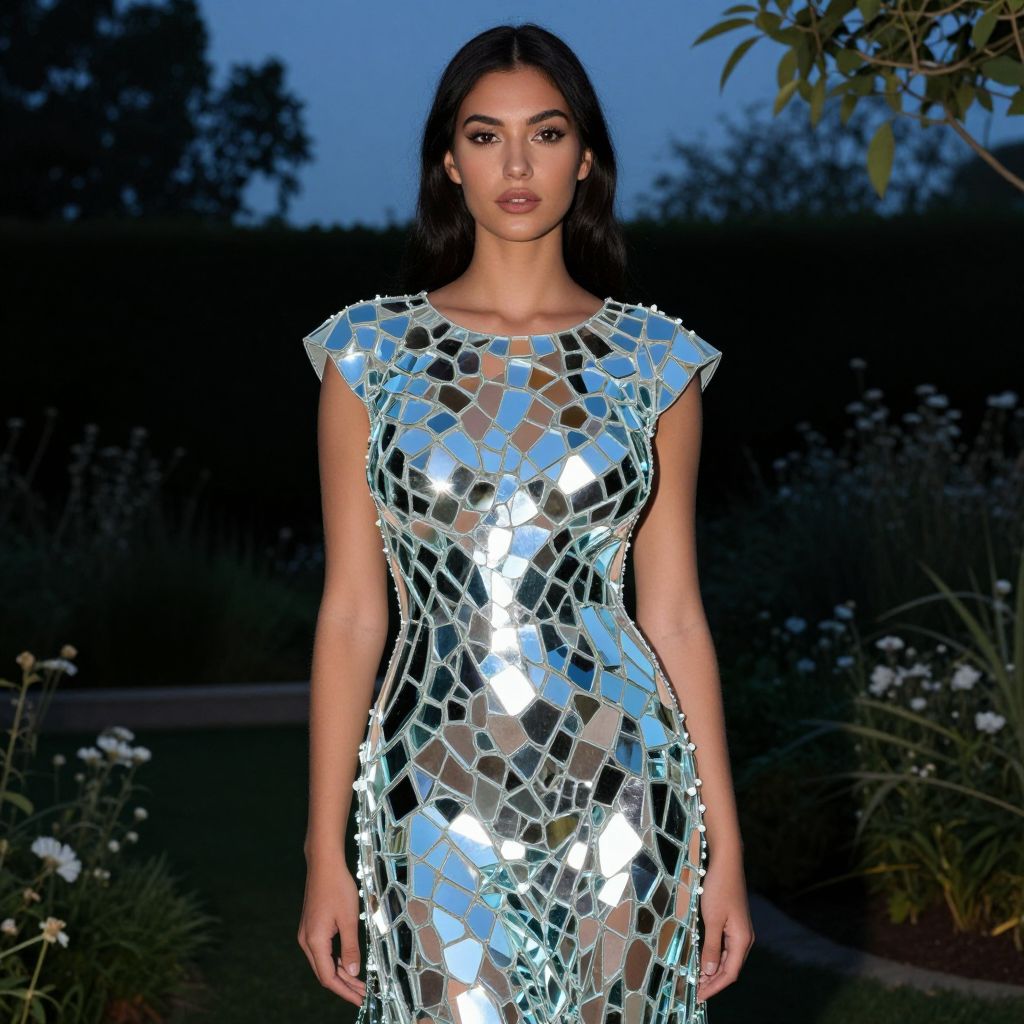 Woman Wearing Reflective Mosaic Tile Dress in Evening Garden