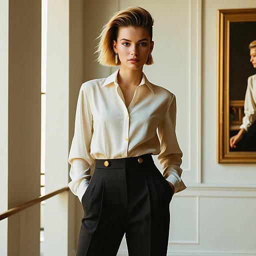 Elegant Woman in Cream Blouse and Black Trousers in Sophisticated Interior