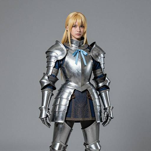 Woman in Full Medieval Style Armor with Blue Ribbon