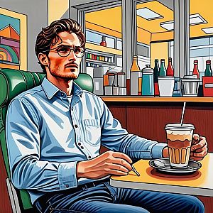 Man in Diner Booth with Coffee Drink
