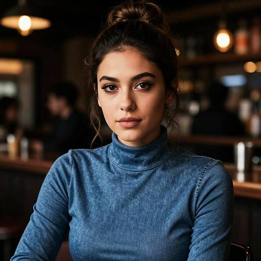 Portrait of Young Woman in Blue Turtleneck Sweater at Cafe