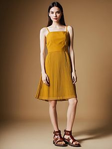 Young Woman in Mustard Yellow Pleated Dress and Brown Sandals