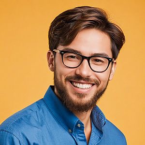 Cheerful young man with glasses on yellow background