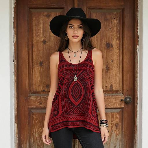 Fashionable Gen Z Woman in Tribal Print Tank Top and Black Hat