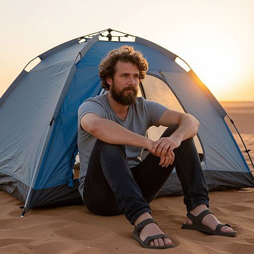 Man Sitting in Front of Tent Camping in Desert at Sunset