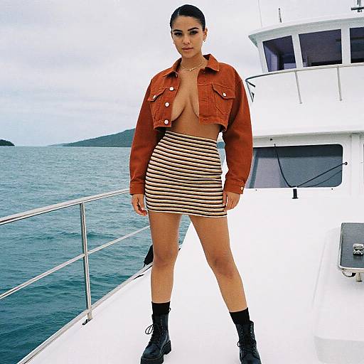 Pear-Shaped Woman in Casual Streetwear with Burnt Orange Cropped Jacket on Boat