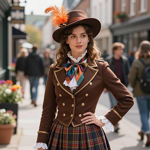 Vintage Style Woman in Brown Jacket and Plaid Skirt with Feathered Hat