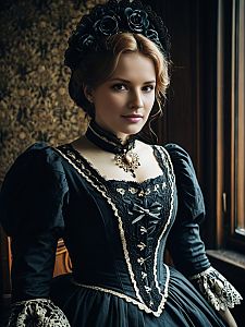 Victorian Woman in Elegant Black Lace Dress by Window