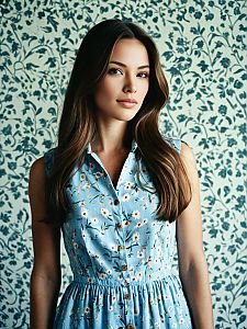 Young Woman in Blue Floral Dress with Vintage Floral Background