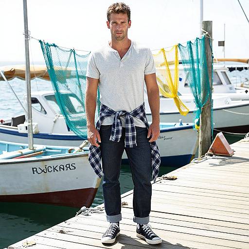 Casual Man Standing on Dock by Fishing Boats with Nets
