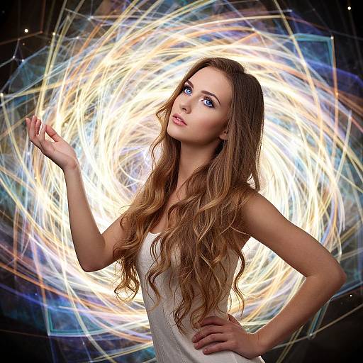 Young Woman with Long Hair Posing Against Abstract Swirling Light Background