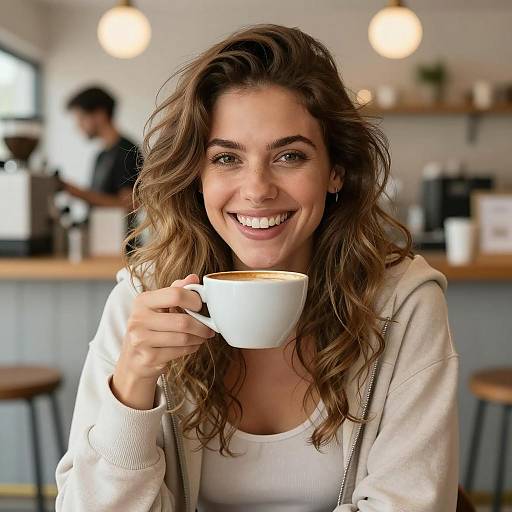 Smiling Young Woman Drinking Coffee in Cozy Café Gen Z Lifestyle