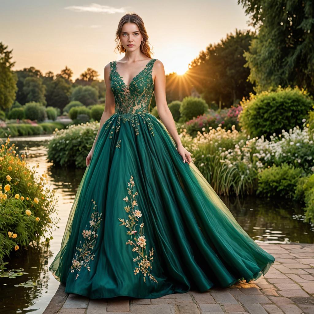 Woman in Emerald Green Evening Gown in Garden at Sunset