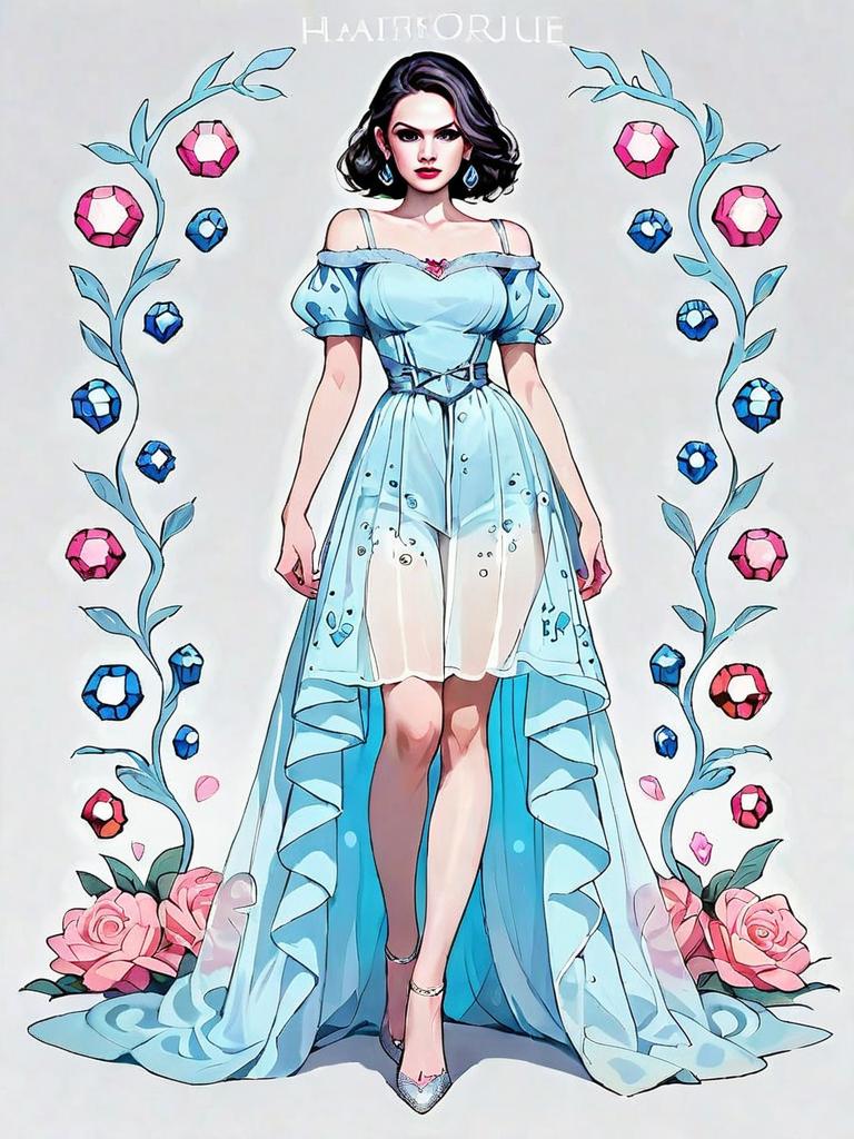 Realistic Comic Style Woman in Elegant Blue Romantic Gown Full Body Illustration