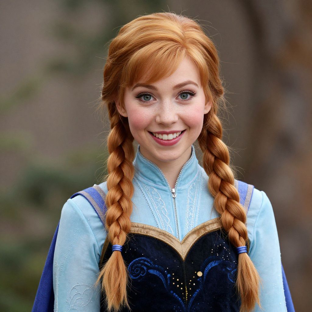 Young Woman in Blue Fairytale Costume with Braided Red Hair
