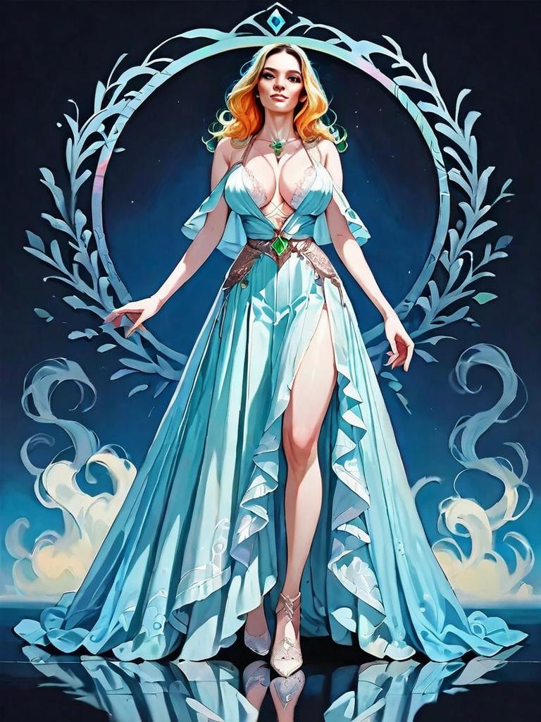 Fantasy Woman in Elegant Blue Gown Nighttime Dark Fantasy Illustration