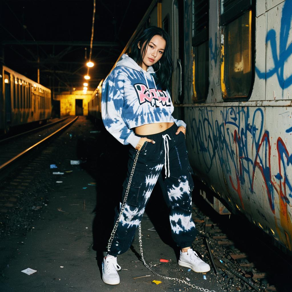 Young Woman in Tie-Dye Streetwear Posing by Graffiti-Covered Train at Night