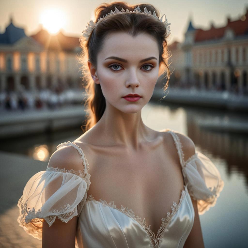 Elegant Woman by Water in Vintage Dress at Sunset