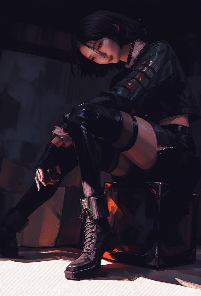 Cyberpunk Woman in Tactical Gear Sitting on Geometric Stool