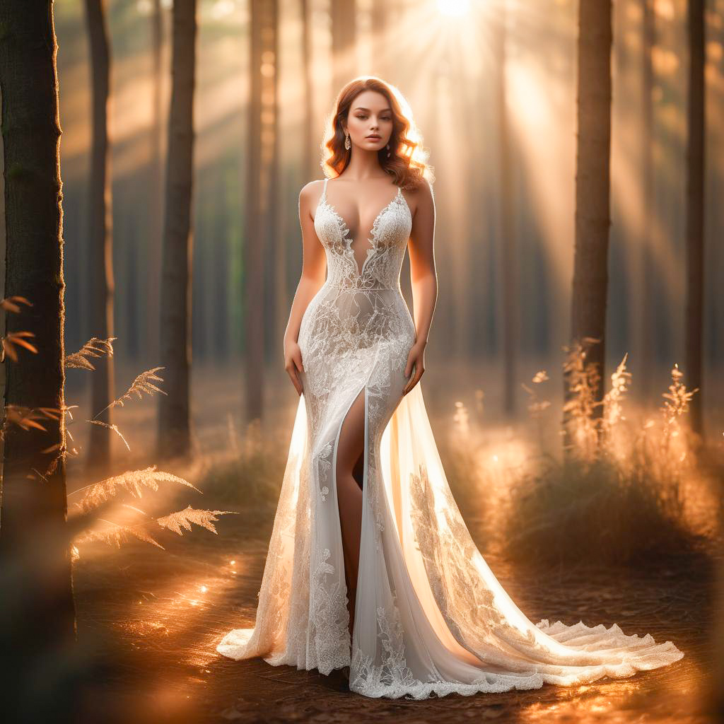 Elegant Woman in Sunlit Forest Wearing Lace Gown