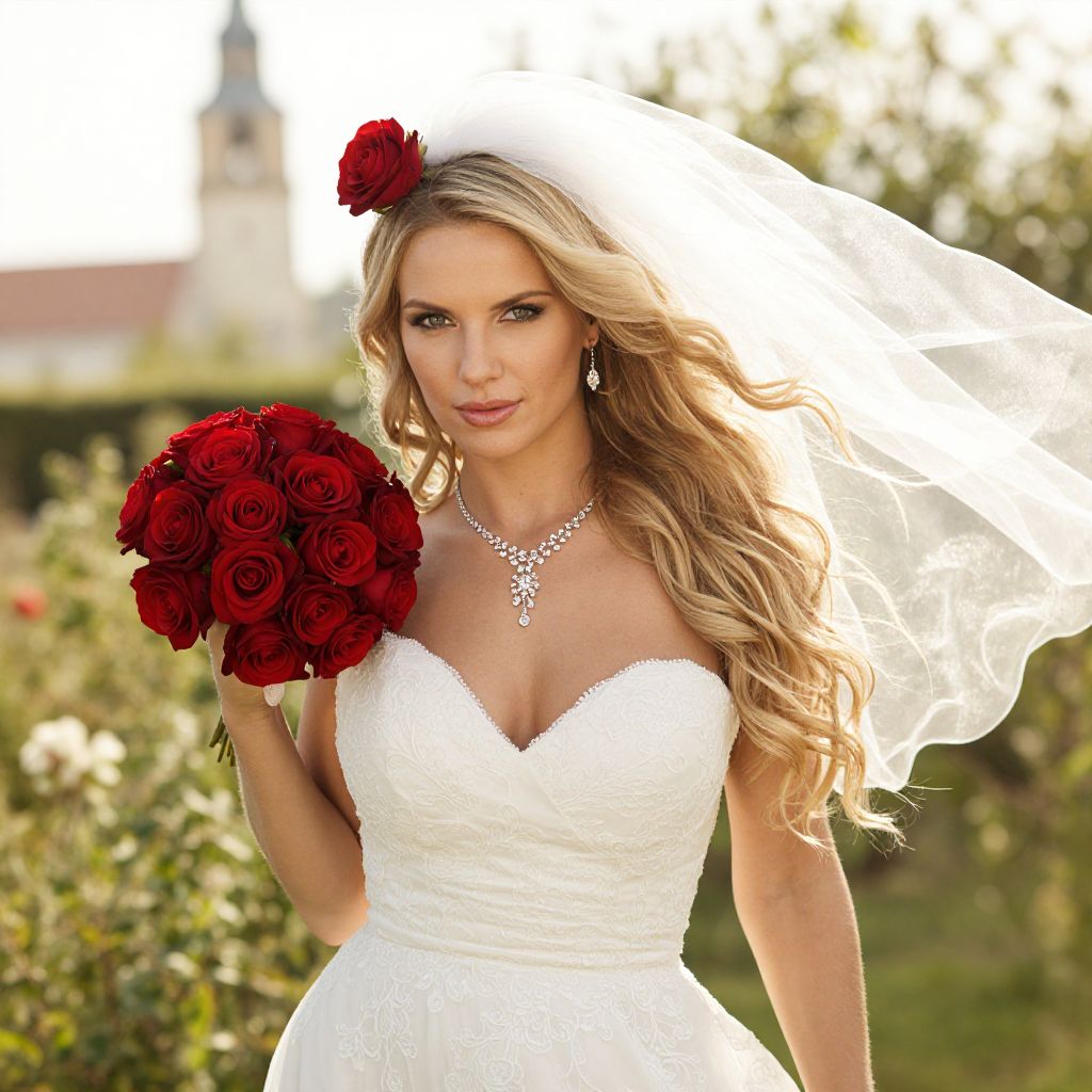 Elegant Blonde Bride Holding Red Rose Bouquet in White Wedding Dress