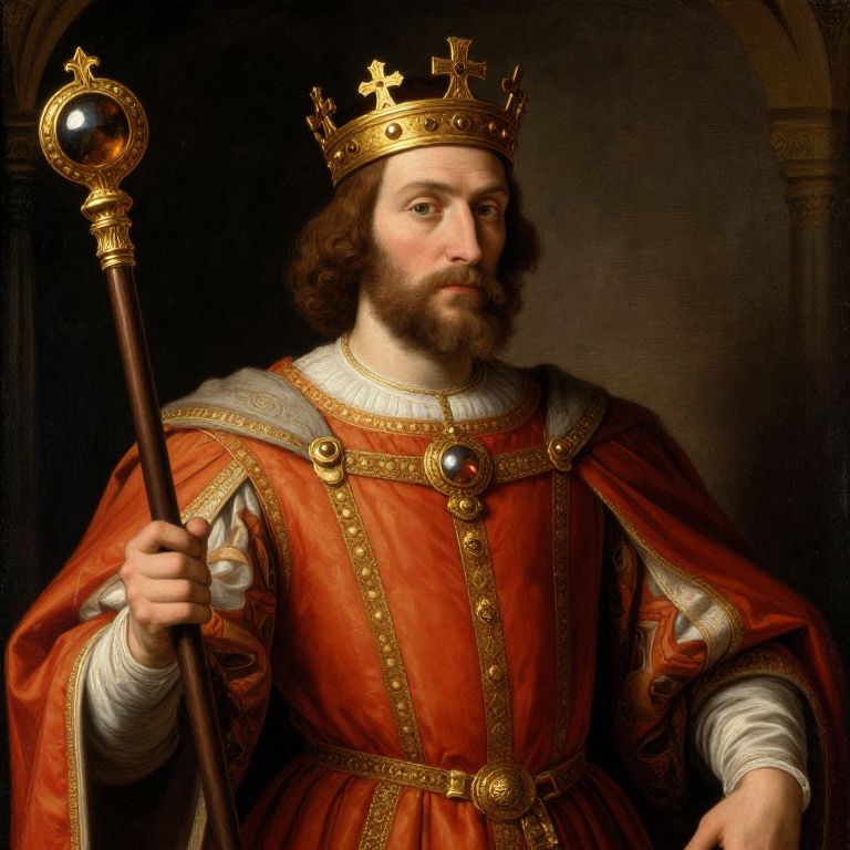 Medieval King in Regal Red and Gold Robes Holding Scepter Portrait
