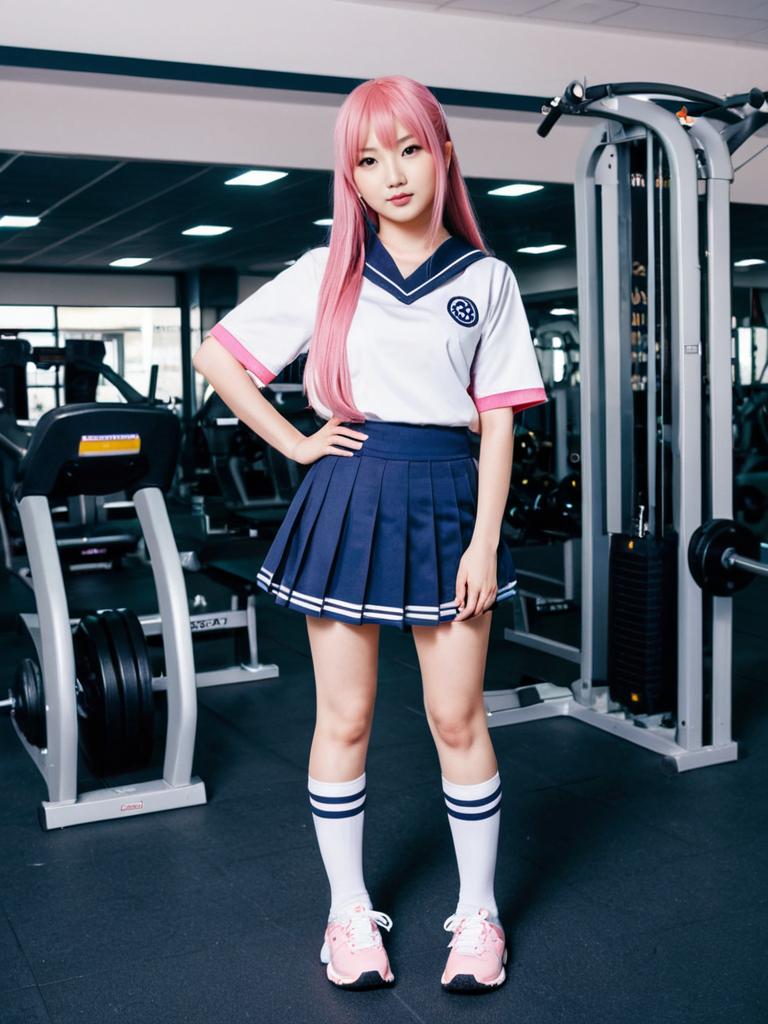 Cosplay Woman with Pink Hair in Japanese School Uniform at Gym