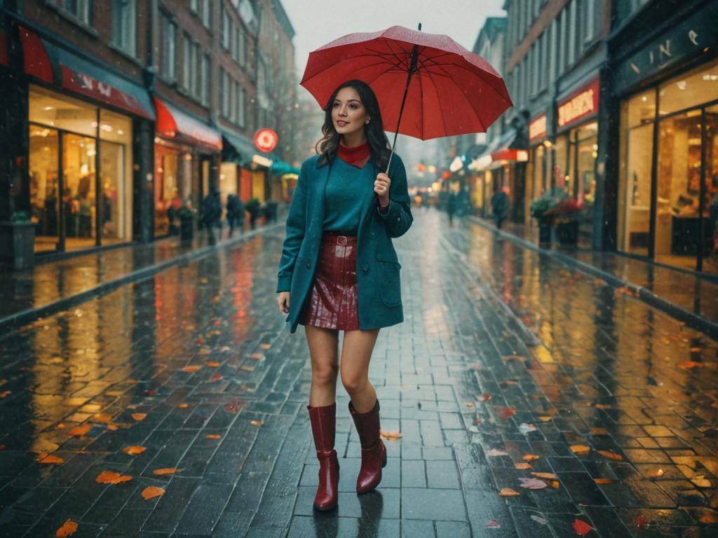 Chic woman in red skirt and teal top with umbrella on city street