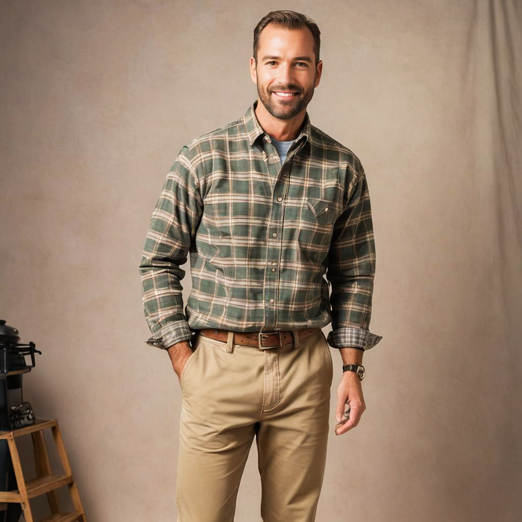 Confident Man in Plaid Shirt and Khaki Pants