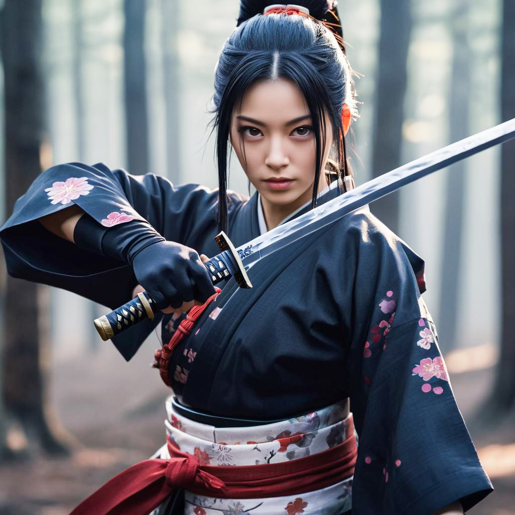 Fierce Woman in Black Kimono with Katana in Misty Forest