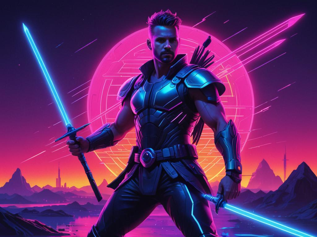 Man with Spear in Retro-Futuristic Synthwave Style