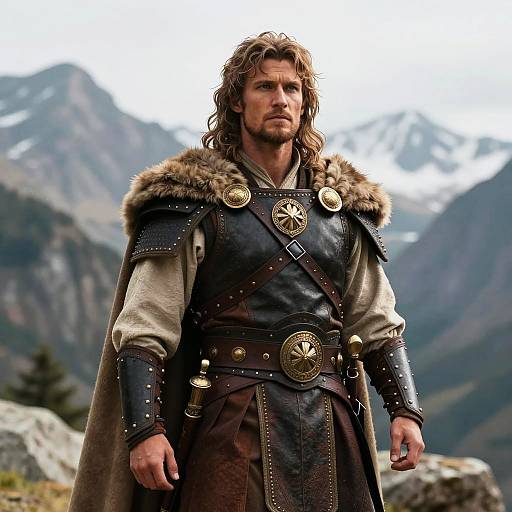 Medieval Viking Warrior in Leather Armor with Mountain Landscape