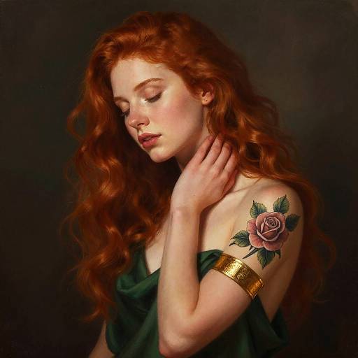 Red-Haired Woman with Rose Tattoo in Classical Painting Style