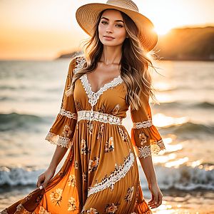Woman in Floral Dress on Beach at Sunset