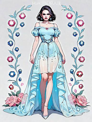 Realistic Comic Style Woman in Elegant Blue Romantic Gown Full Body Illustration