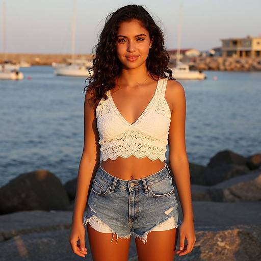 Young Woman in Crochet Top and Denim Shorts by the Waterfront