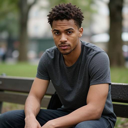 Young Man Sitting on Park Bench Wearing Grey T-Shirt