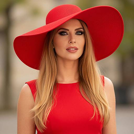 Elegant Woman in Red Wide-Brimmed Hat and Dress Portrait