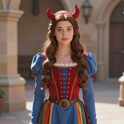 Young Woman in Colorful Medieval Costume with Red Devil Horns Headband