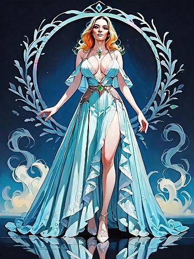 Fantasy Woman in Elegant Blue Gown Nighttime Dark Fantasy Illustration