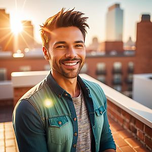 Smiling Man on Rooftop with Urban Skyline at Golden Hour