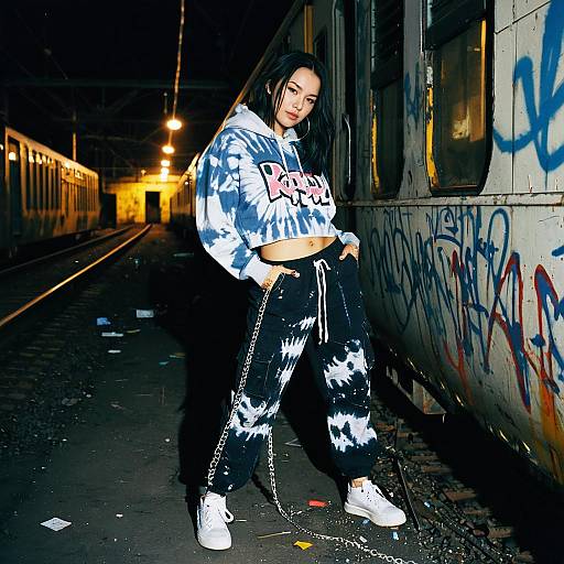 Young Woman in Tie-Dye Streetwear Posing by Graffiti-Covered Train at Night