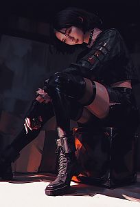 Cyberpunk Woman in Tactical Gear Sitting on Geometric Stool