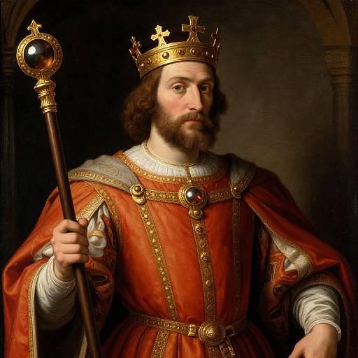 Medieval King in Regal Red and Gold Robes Holding Scepter Portrait