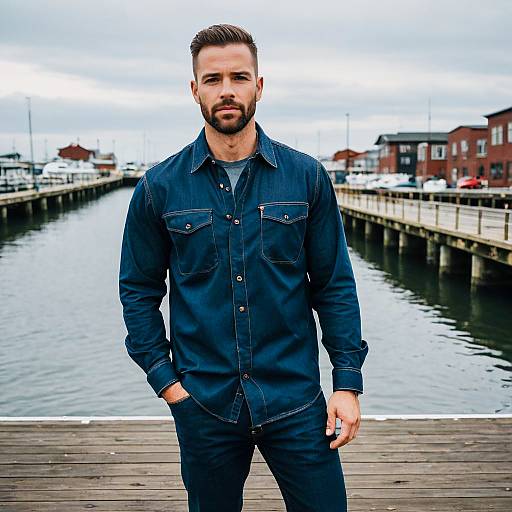 Man Wearing Dark Denim Outfit Standing on Harbor Dock